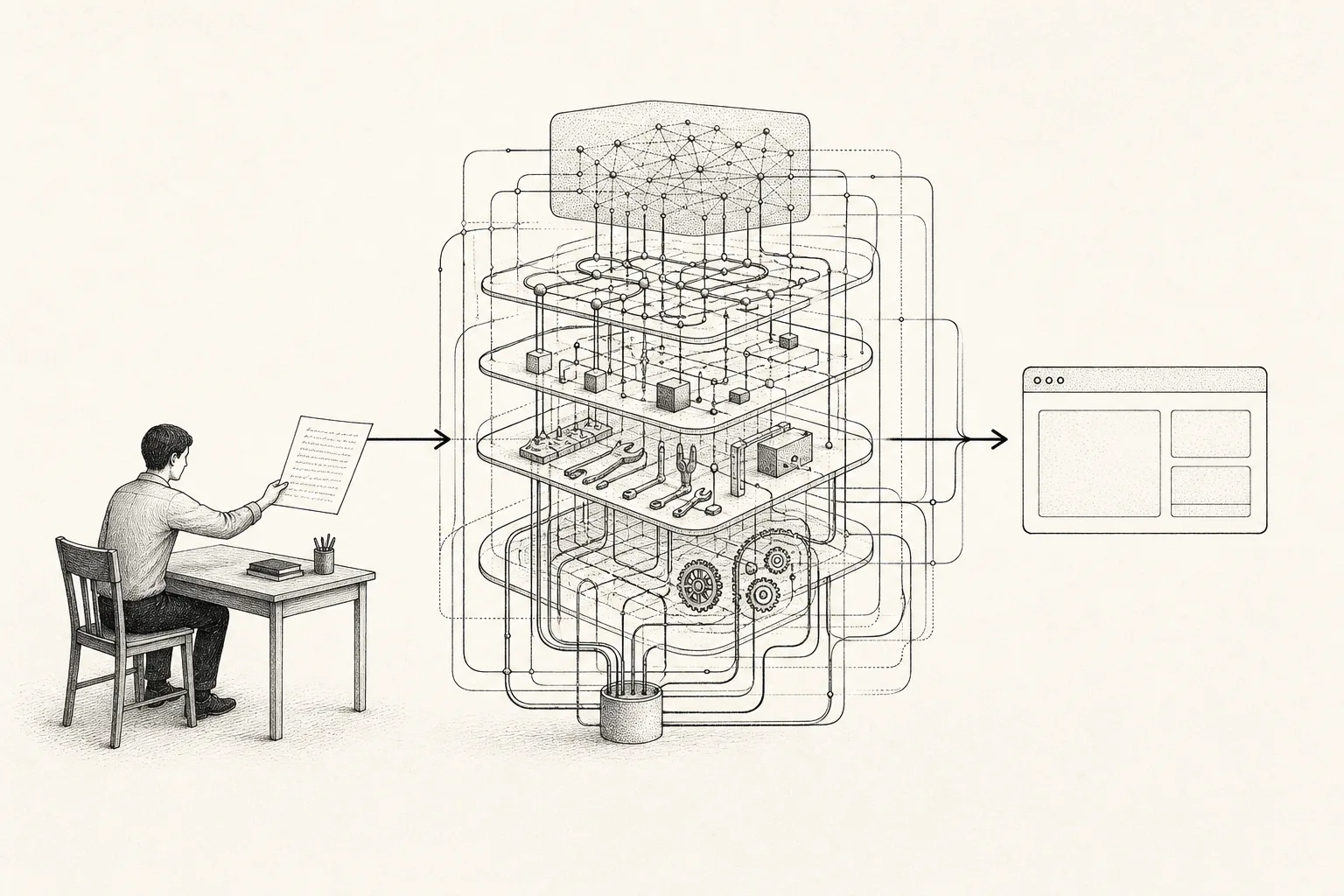 A developer feeds a page into a layered agent machine that produces a simple application window.